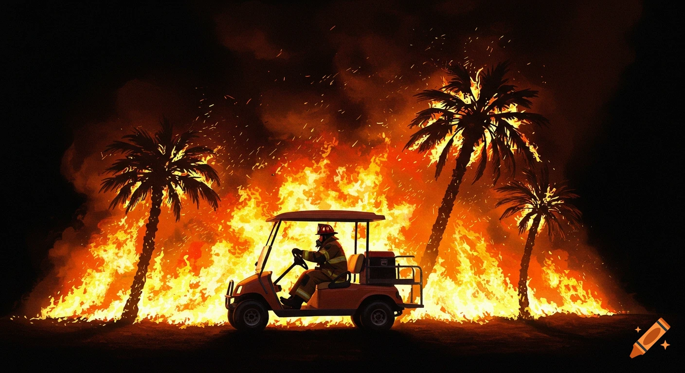 A firefighter is driving a golf cart through large flames that are engulfing palm trees.