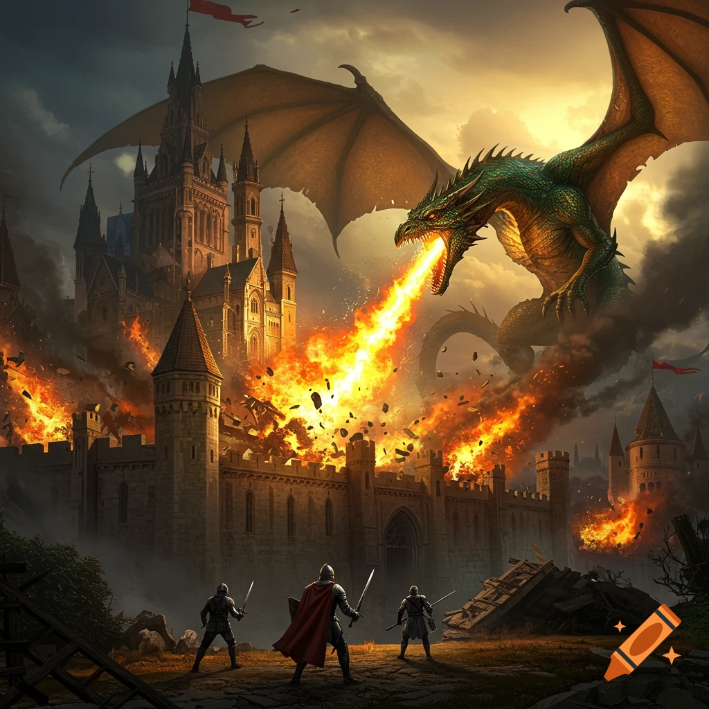 A large green dragon breathing fire and destroying a castle, while three knights stand below with swords.