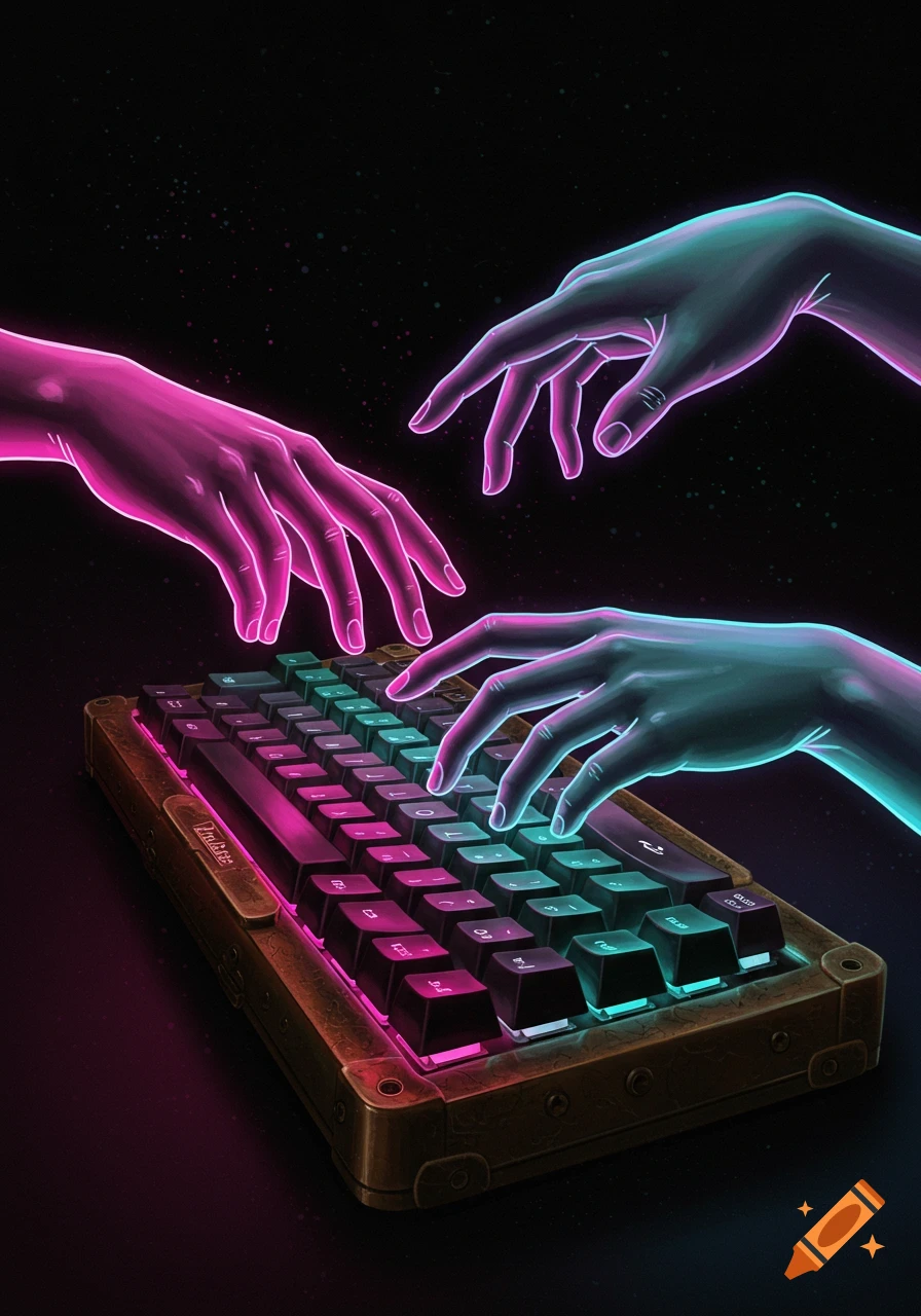 Glowing pink and blue hands reaching towards and typing on a mechanical keyboard.