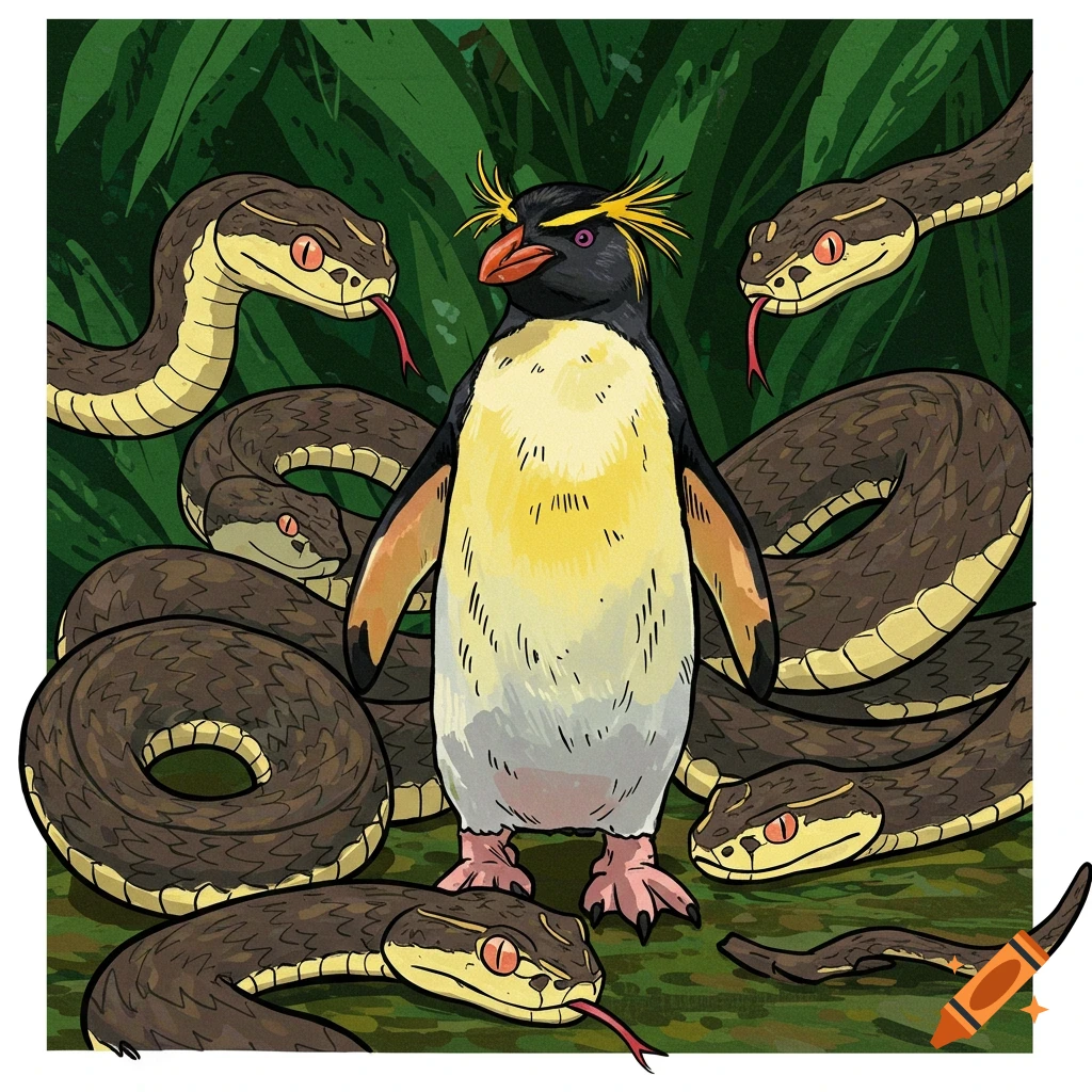 A macaroni penguin surrounded by pit vipers.