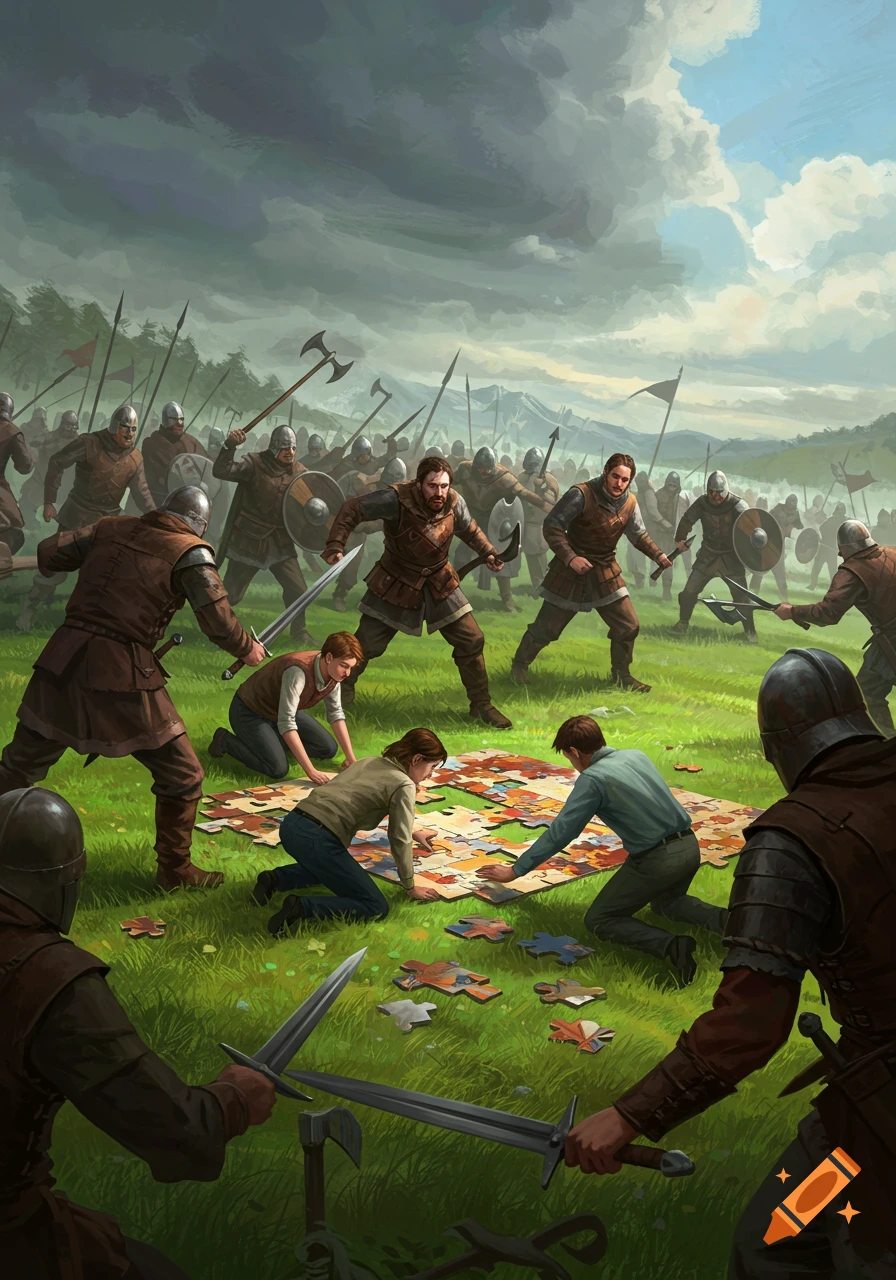 Warriors surrounding civilians doing a puzzle on a grassy field.