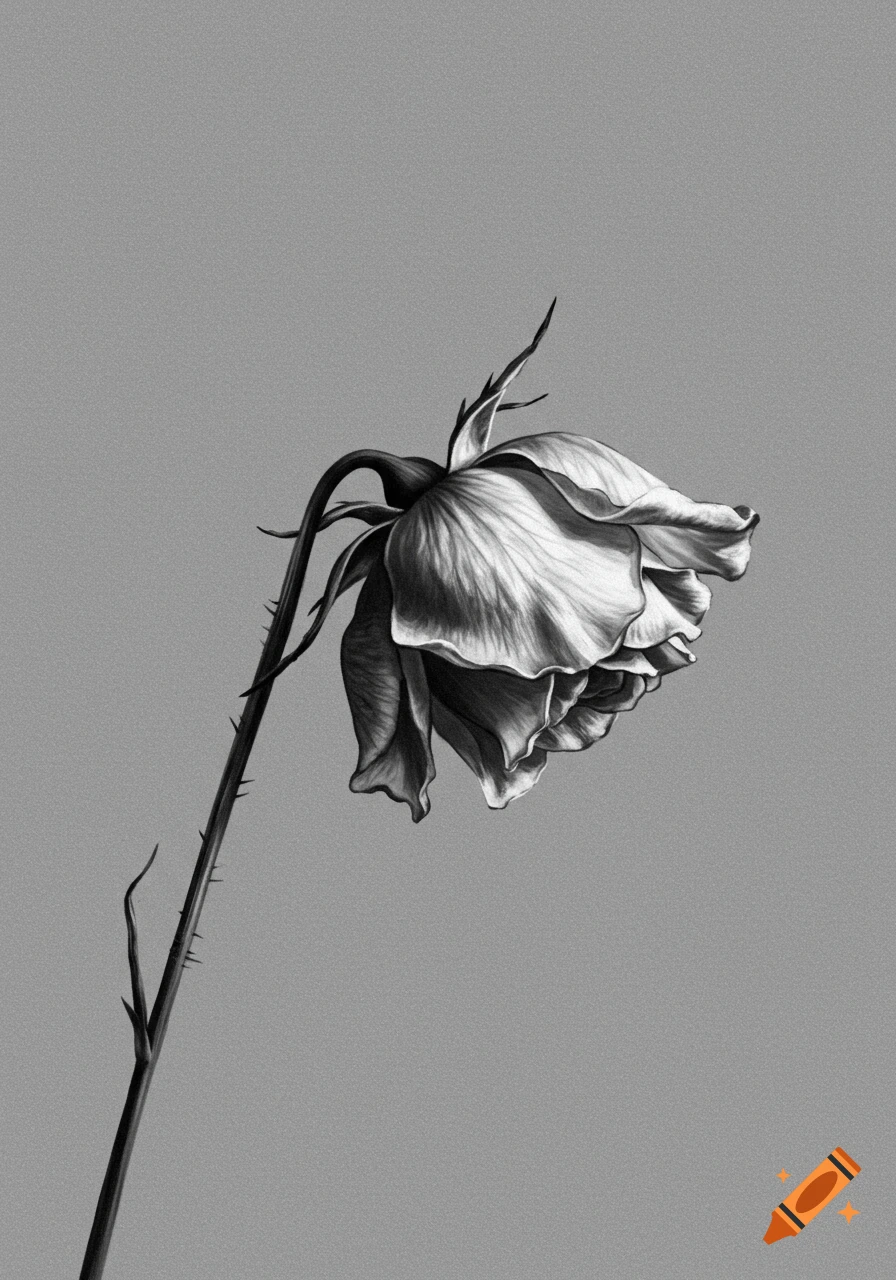 Black and white picture of a wilting rose.
