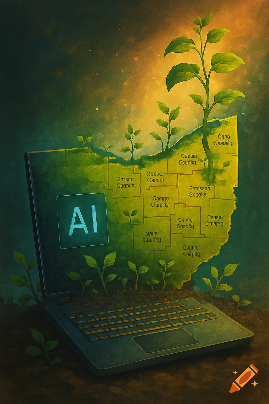 A laptop with a map of a region on the screen, labeled 'AI', growing plants from soil around it. Painterly style.