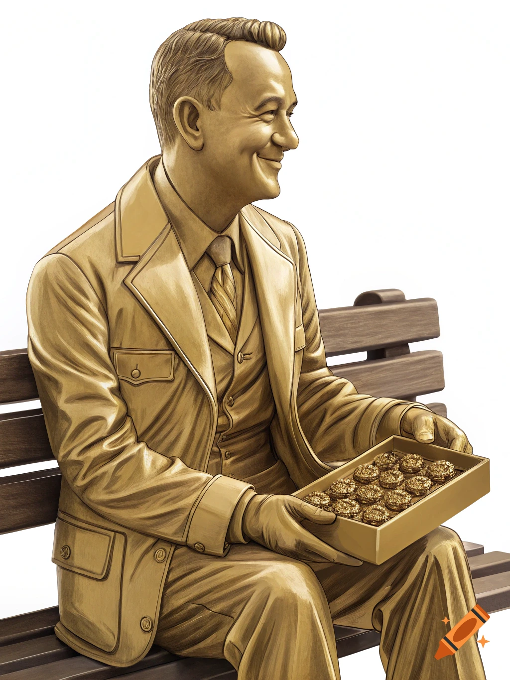 A golden statue resembling Tom Hanks as Forrest Gump sits on a bench holding a box of chocolates.
