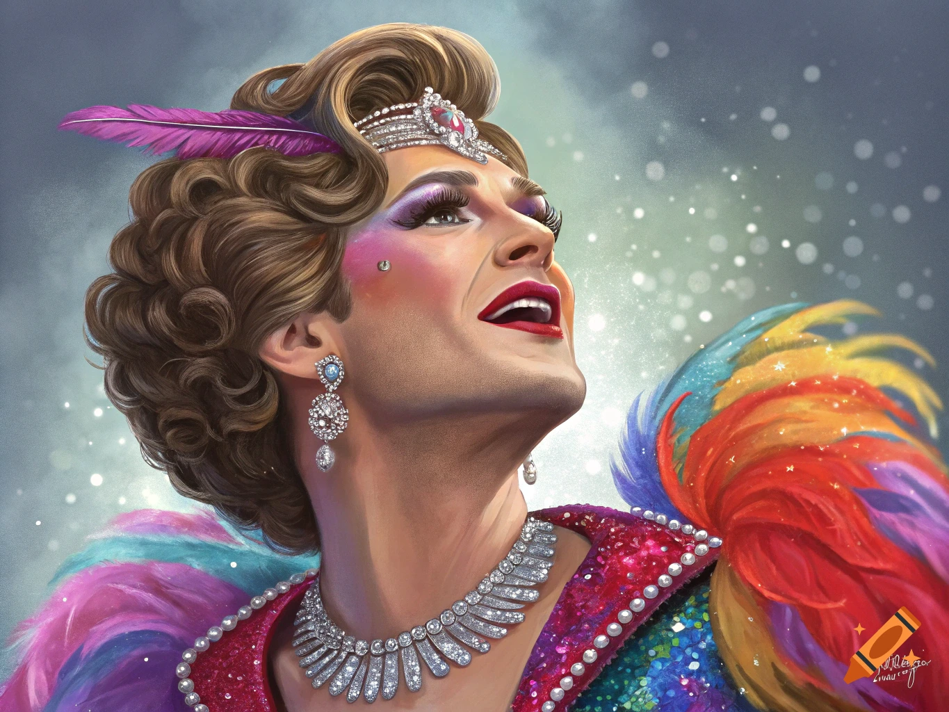 A person in drag is looking up, with elaborate makeup, jewelry, and a rainbow feathered boa.