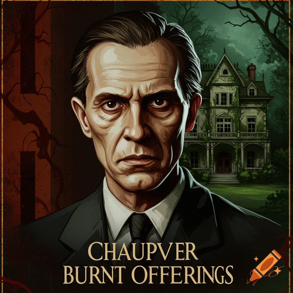 A gaunt man in a suit stands in front of a creepy house.