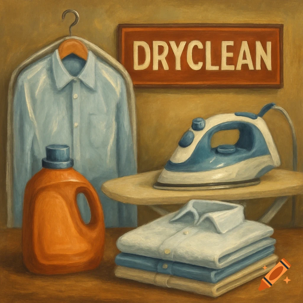 Dry cleaning items: a shirt on a hanger, iron, detergent, and folded shirts under a 'DRYCLEAN' sign.