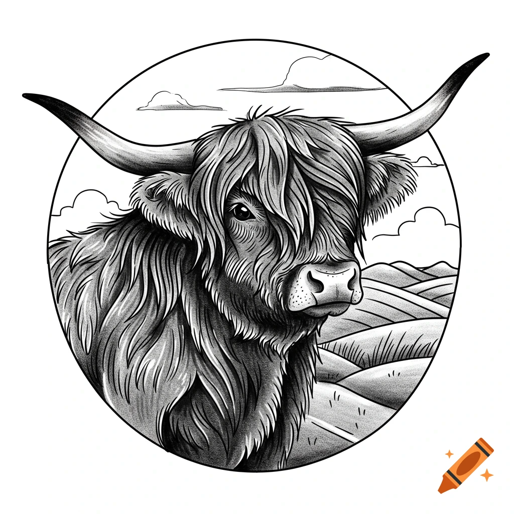 Traditional tattoo style drawing of a Highland cow portrait.