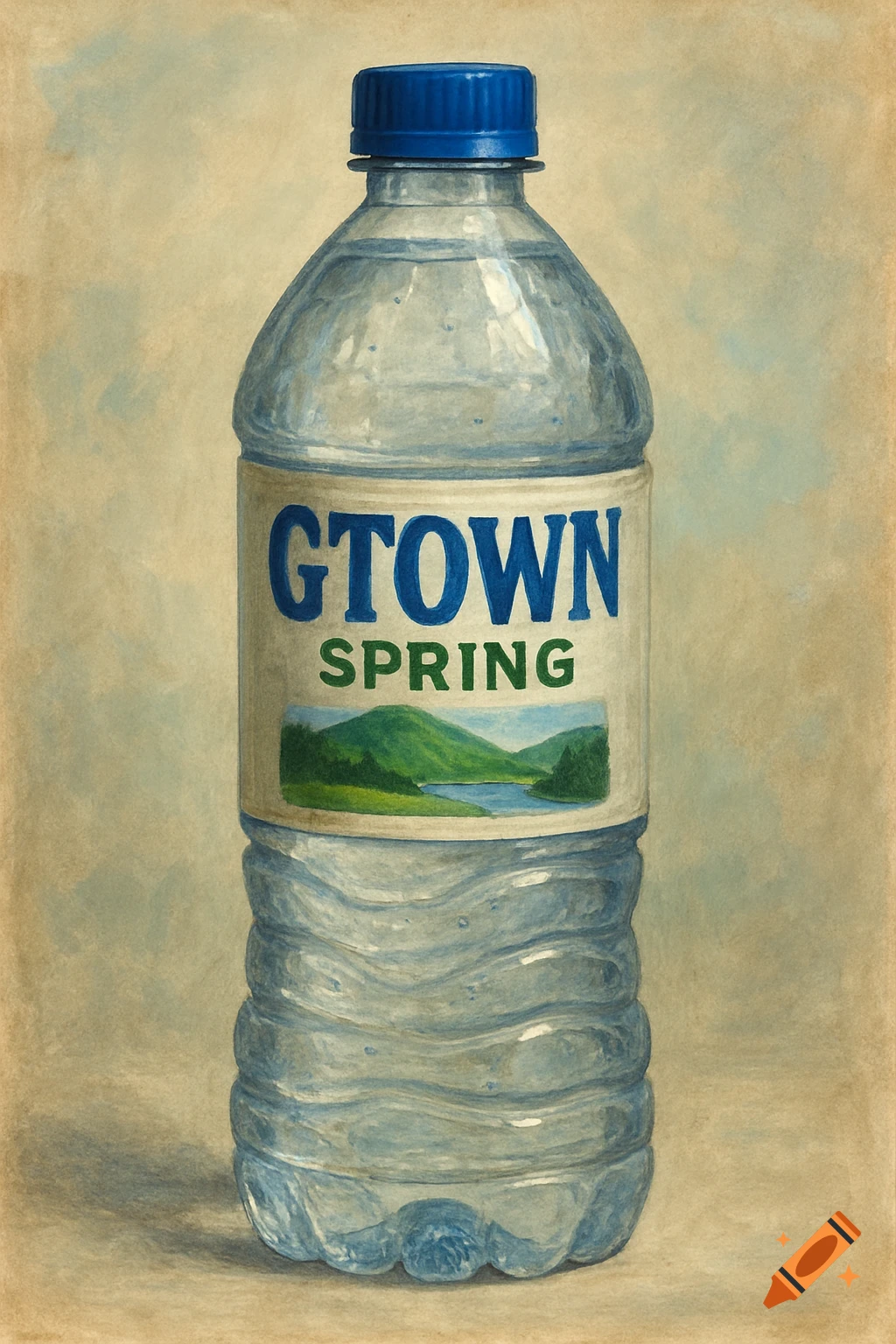 A bottle of water with a label reading "GTOWN SPRING".