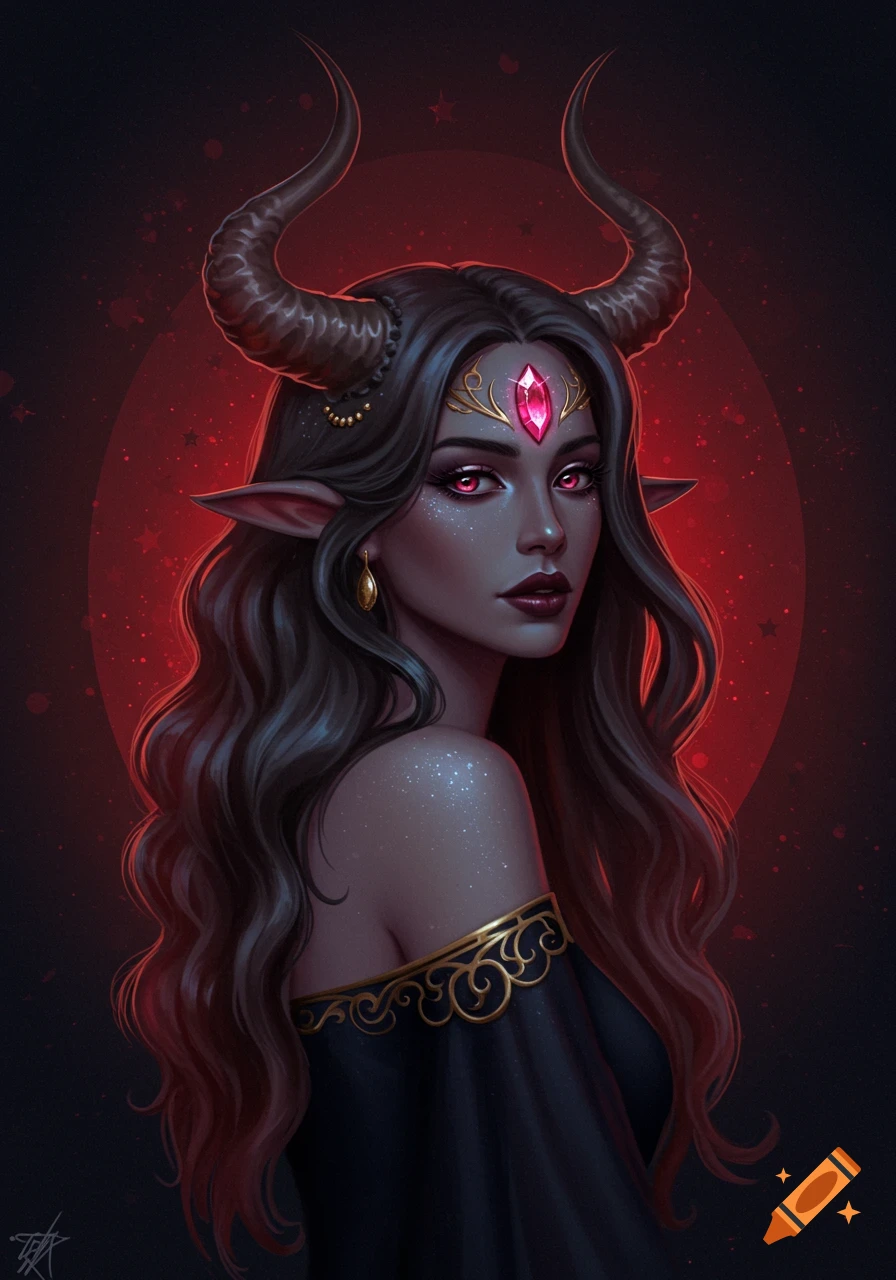 A fantasy woman with horns, red eyes, and a forehead gemstone.