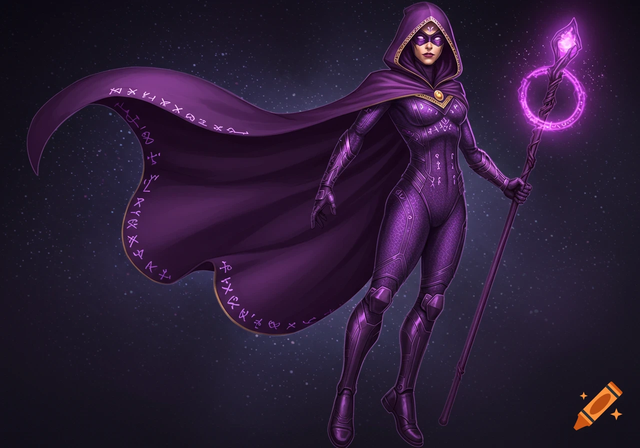 A female witch in a purple superhero costume holding a glowing staff against a starry background.