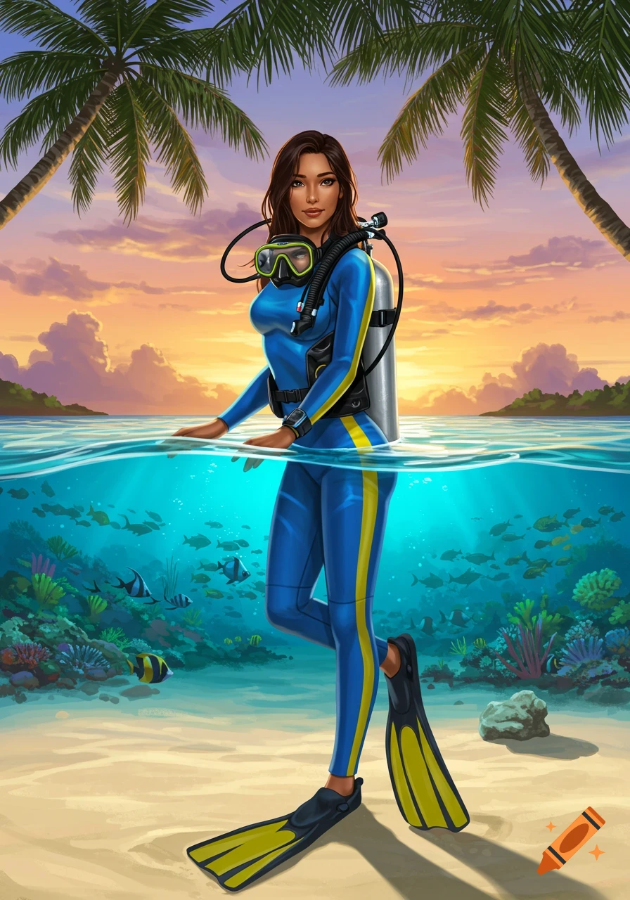 A woman in scuba gear stands half in the ocean on a tropical beach at sunset.