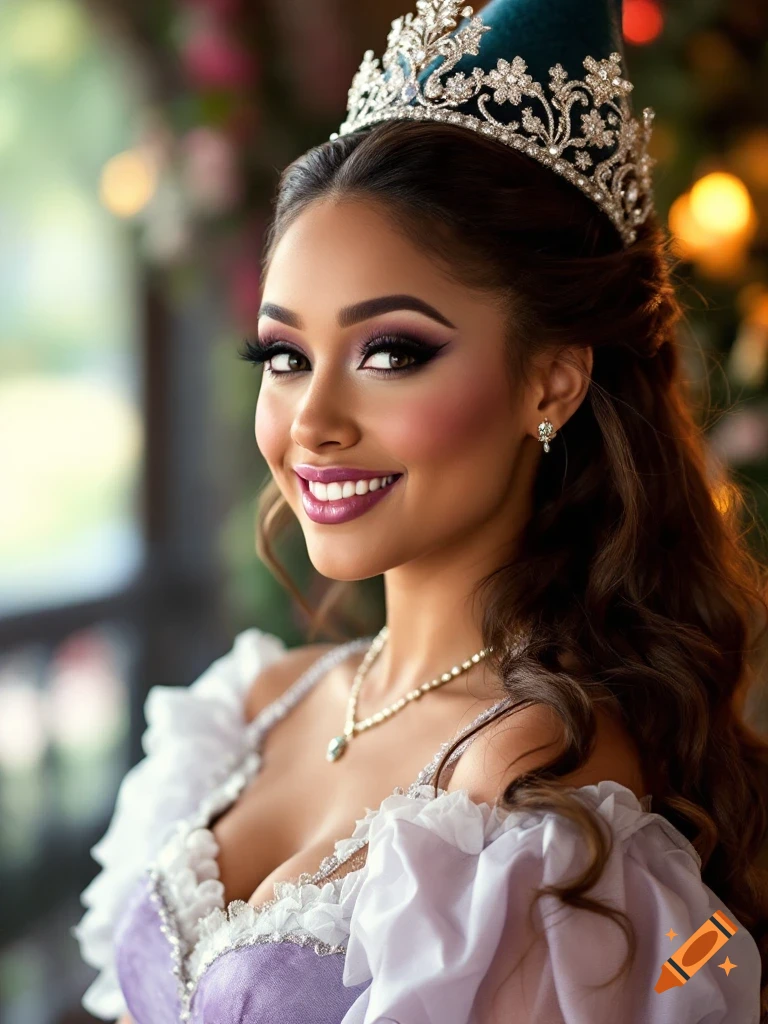 A close-up photorealistic portrait of a woman in a crown and formal dress.