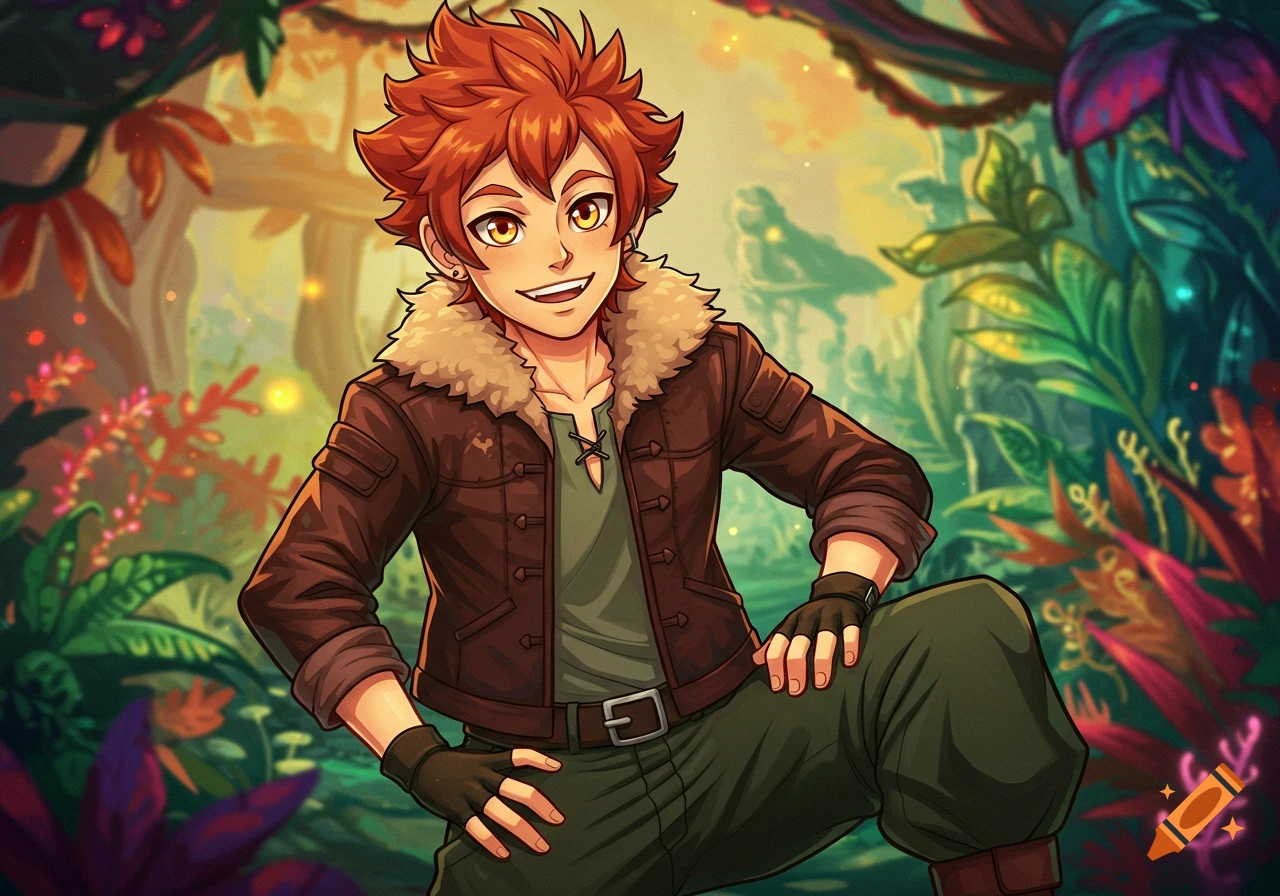 Ginger anime male character in leather jacket smiles in vibrant fantasy forest.