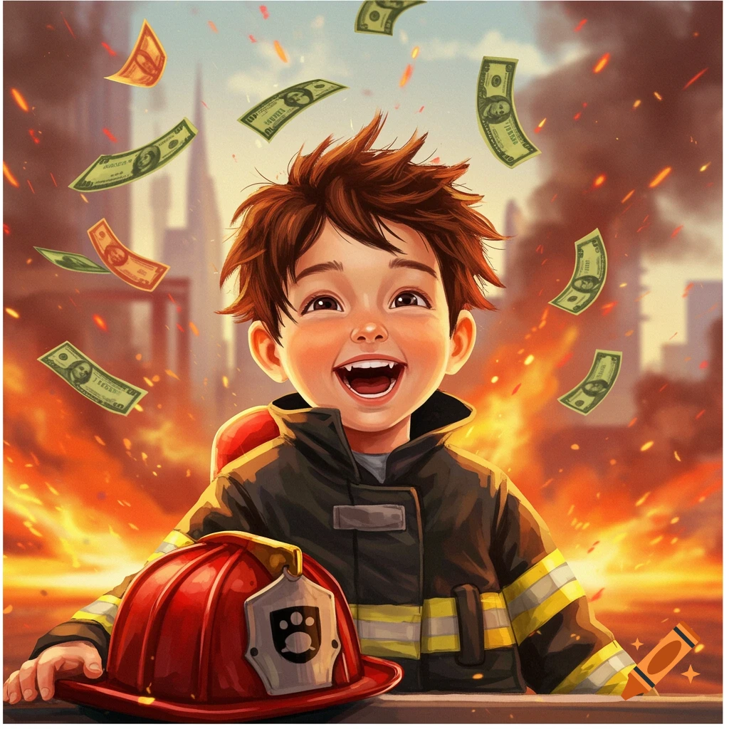 A happy cartoon child in a firefighter uniform with money falling around him.