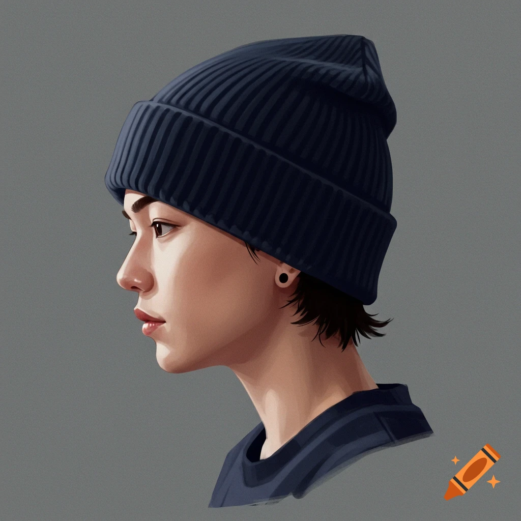 Profile of a person wearing a blue beanie.