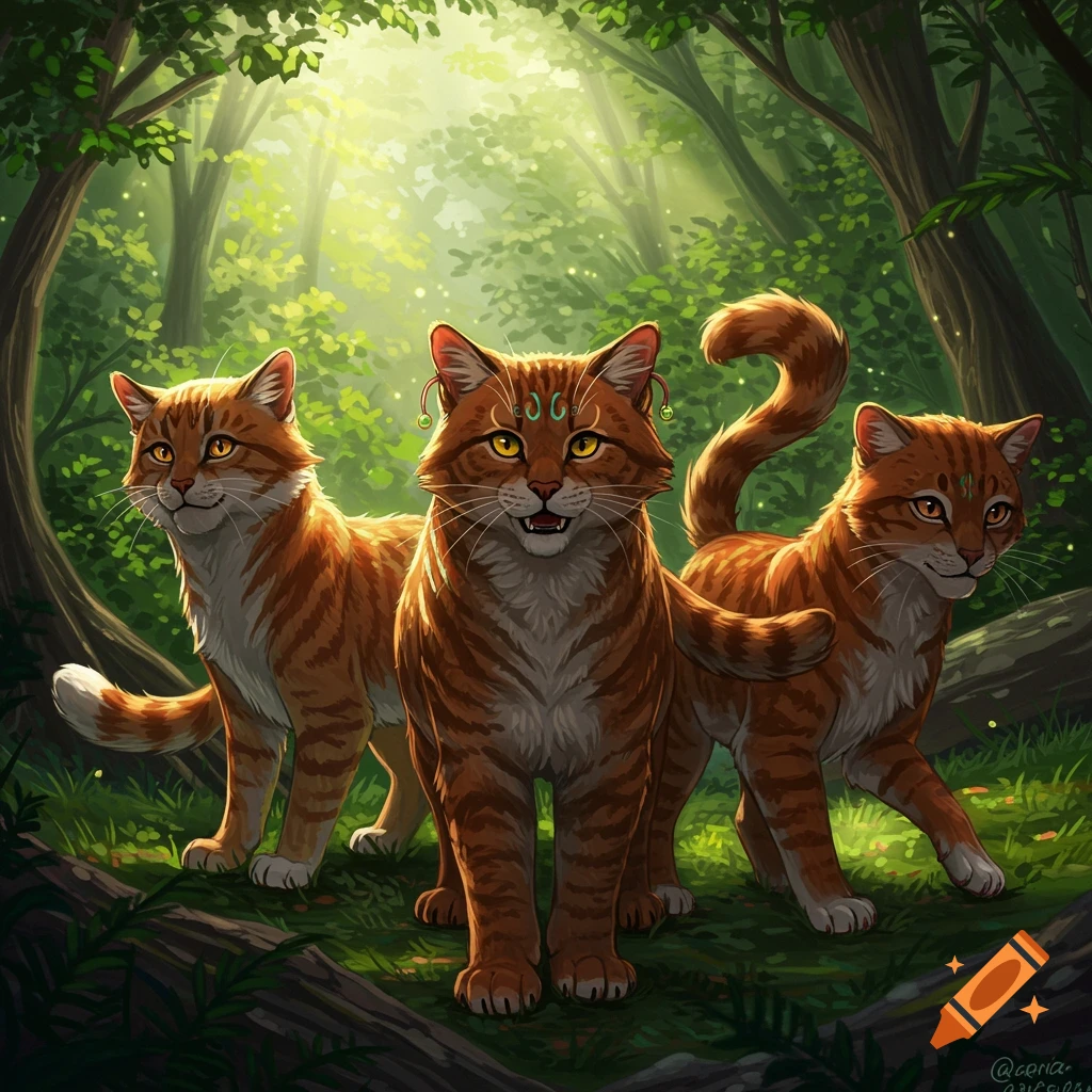 Three ginger cats stand in a mystical forest.