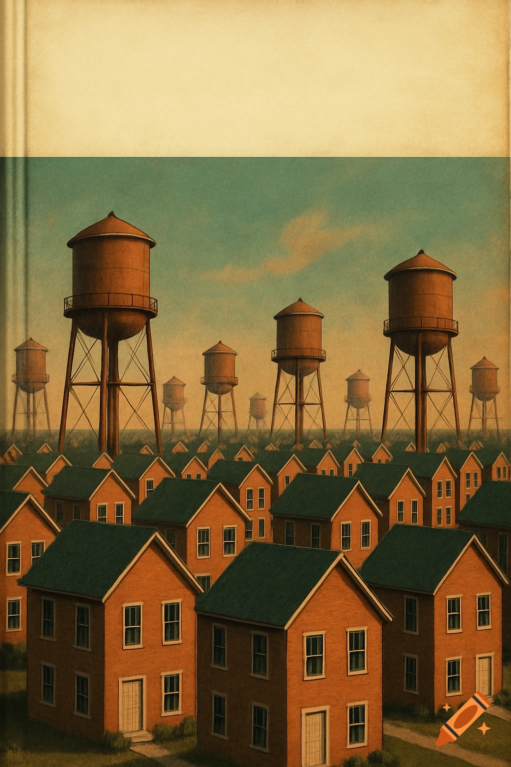 An illustration of many identical houses and water towers, like a book cover.