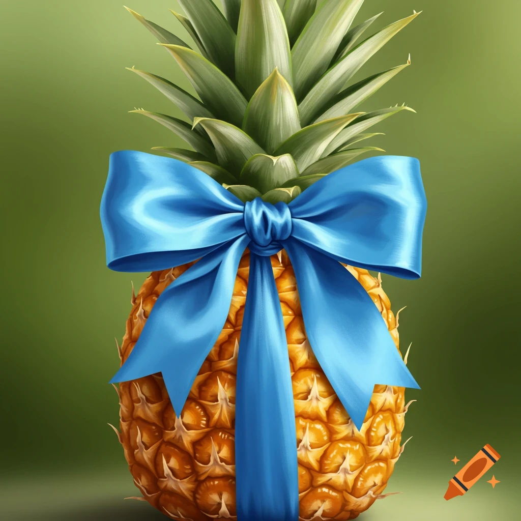 A pineapple with a blue bow.