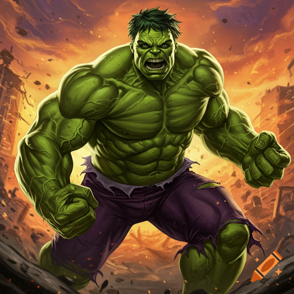 Hulk-inspired character roaring in a destroyed city.