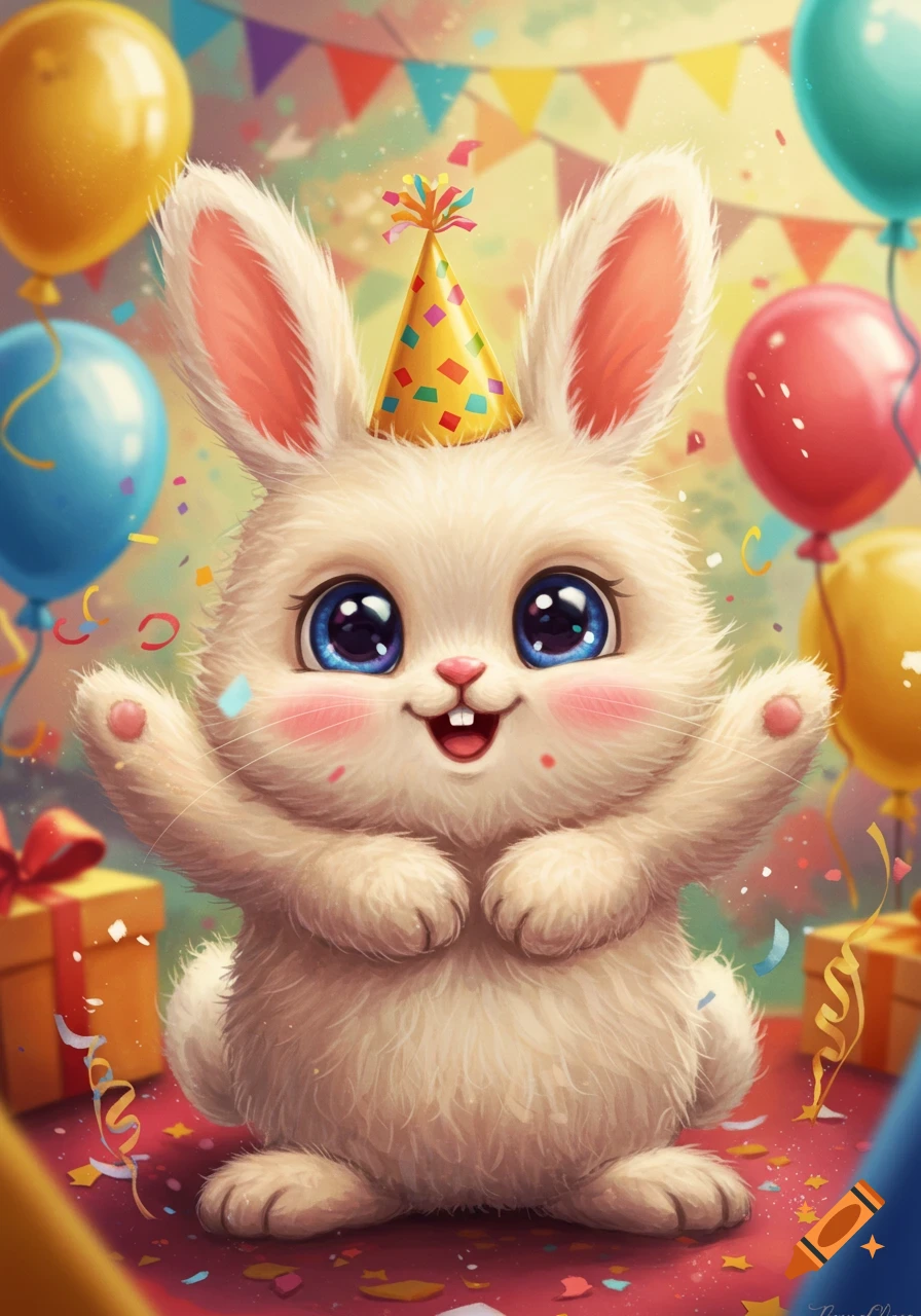 A cute cartoon bunny in a party hat at a birthday party with balloons and confetti.