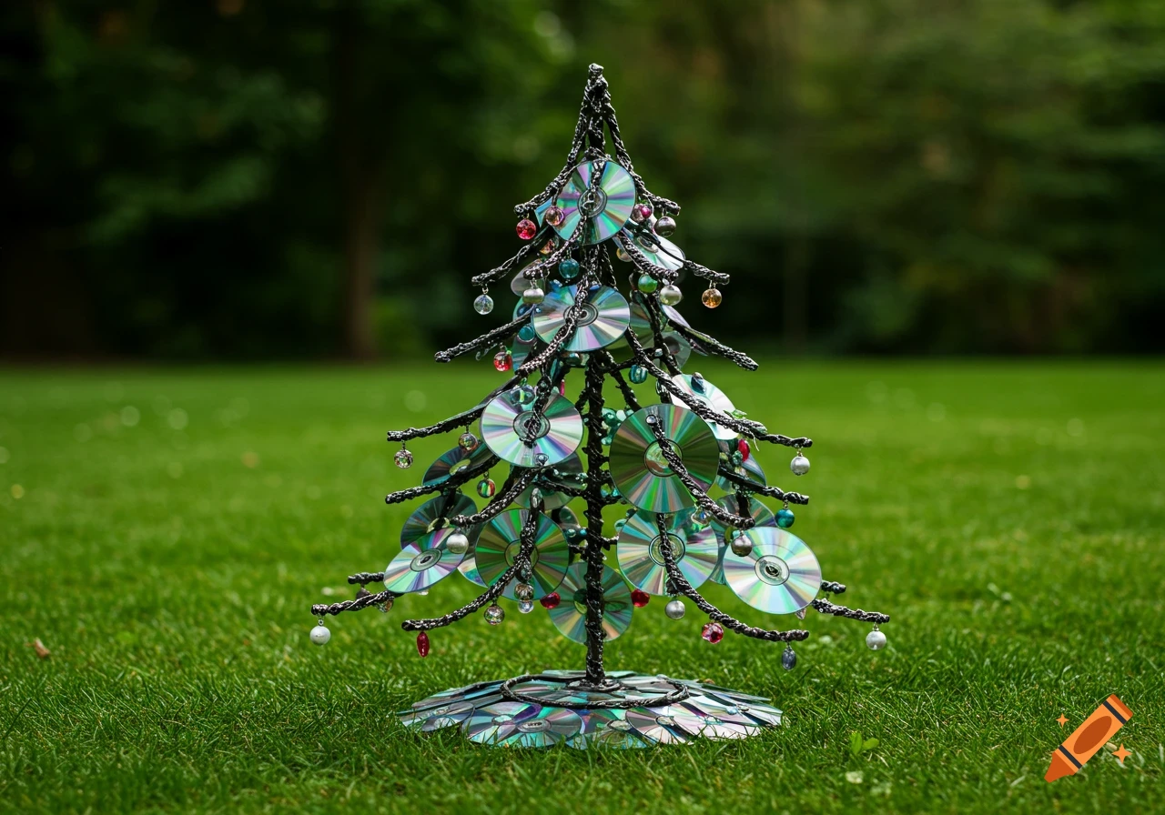 A Christmas tree sculpture made from CDs and wire stands on green grass