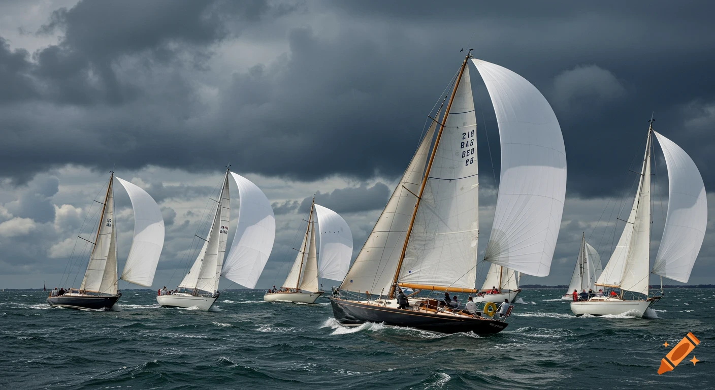 Sailboats race on choppy water under a stormy sky.
