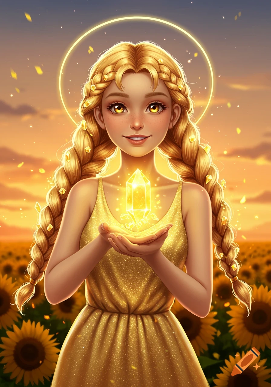 Stylized illustration of a magical girl with golden braids holding a glowing yellow crystal in a sunflower field at sunset.