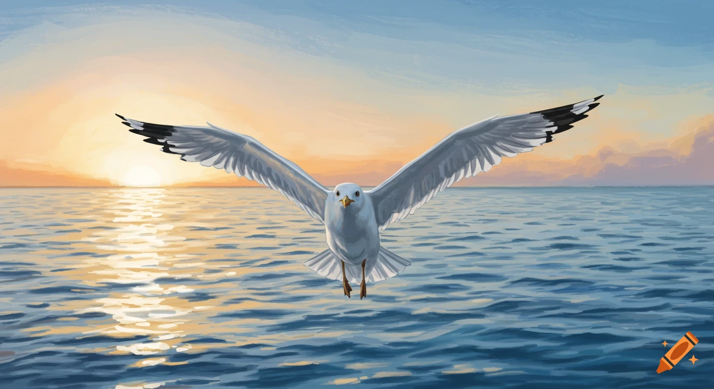 A seagull flying over the sea at sunset.