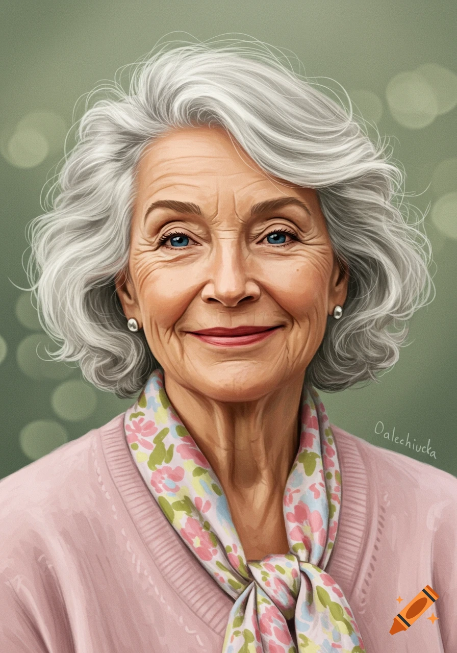 An older woman with grey hair and a pink sweater.