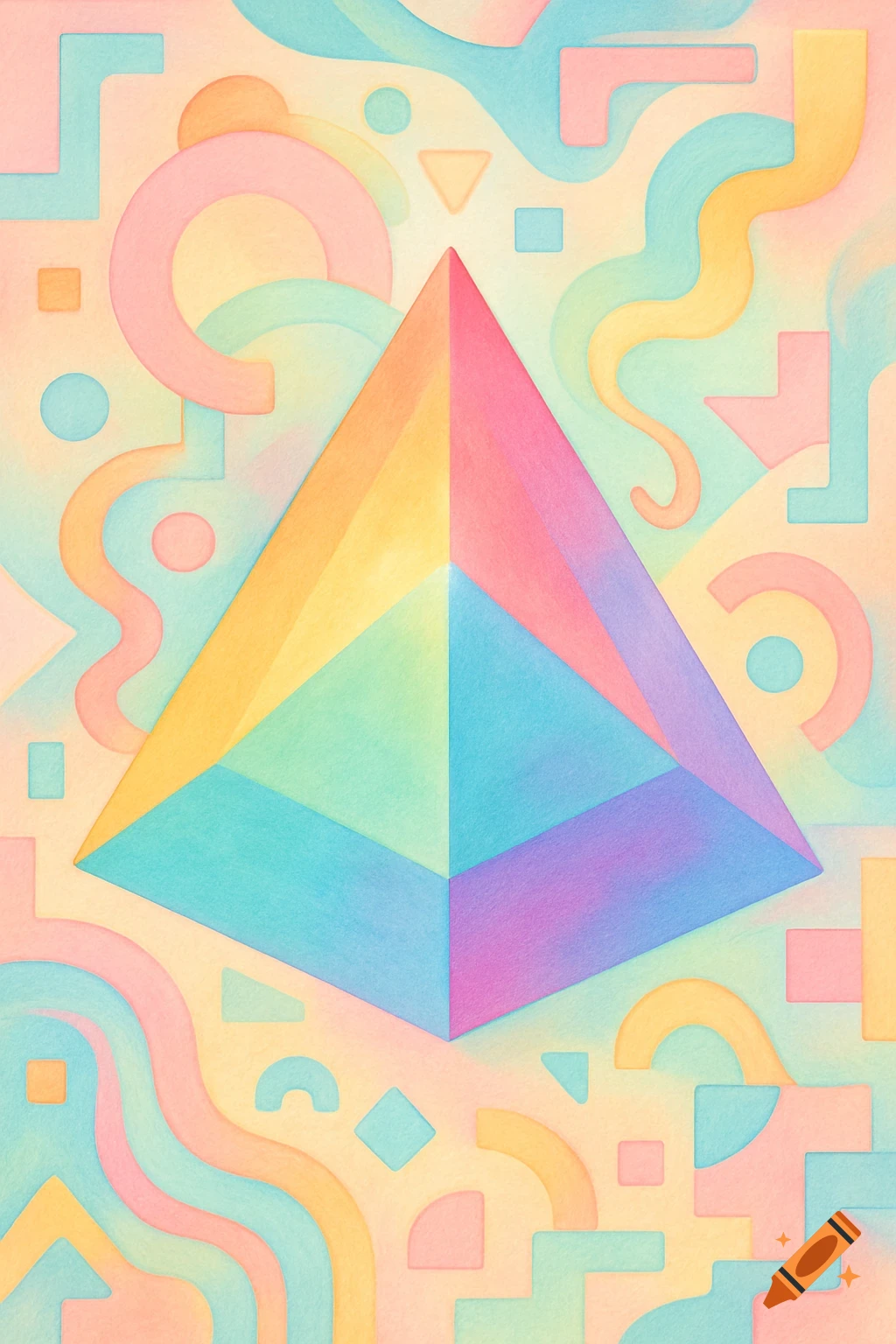 Abstract image of a rainbow-colored prism surrounded by whimsical pastel geometric shapes.