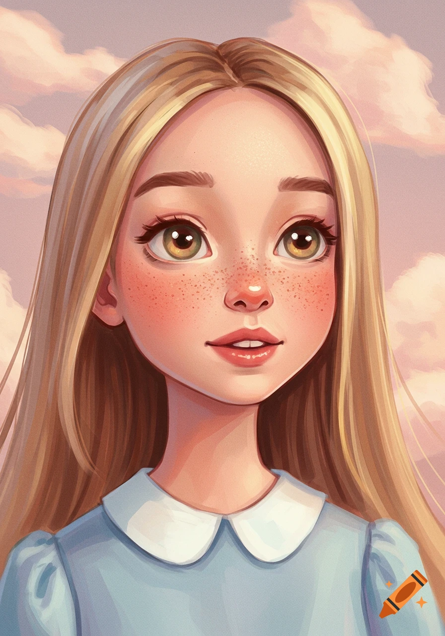 Portrait of a young girl with freckles and blonde hair against a cloudy sky.