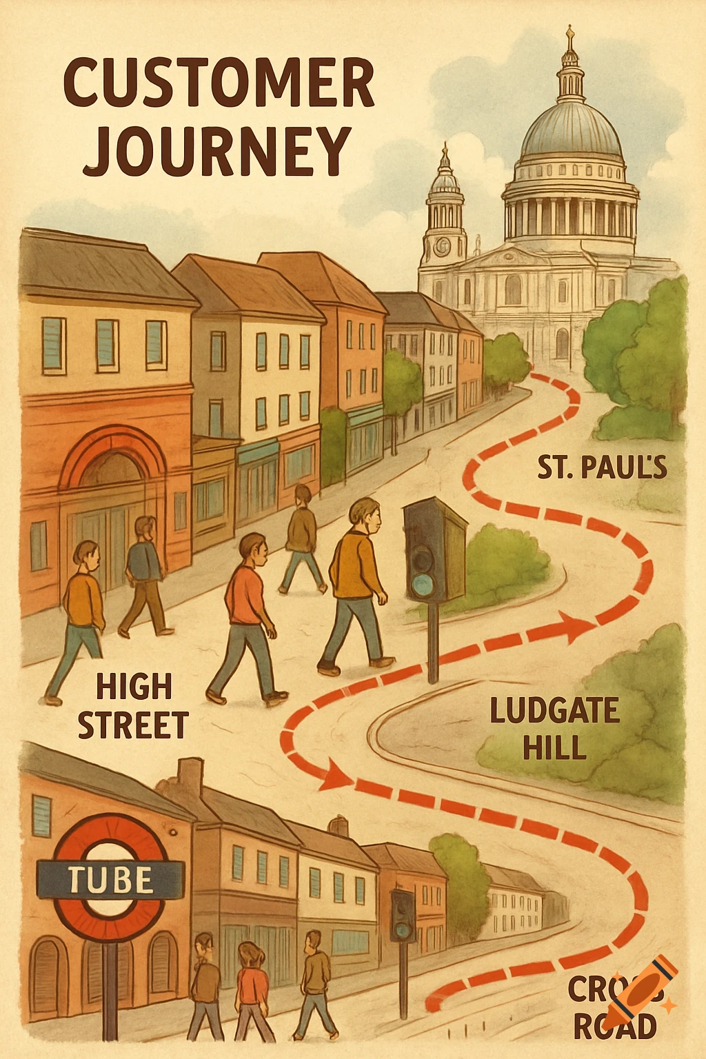 An illustrated map shows a customer journey path with red arrows through a city street scene, past buildings and people, leading to St. Paul's Cathedral. Labels include 'HIGH STREET', 'LUDGATE HILL', 'ST. PAUL'S', 'CROSS ROAD', and 'TUBE'.