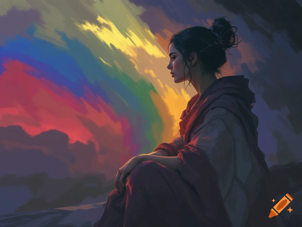 Painting of a woman in a robe looking towards a sky with vibrant rainbow colors.