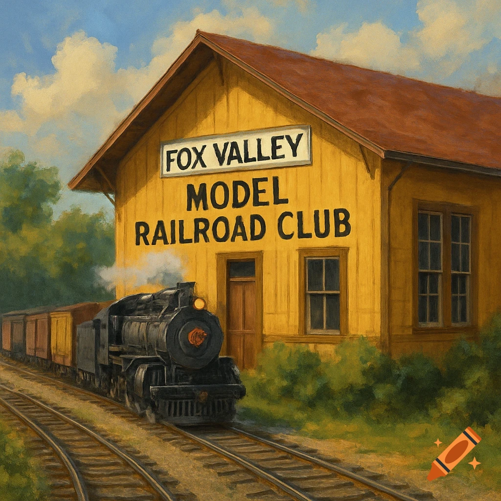 A steam train is passing a yellow building with 'Fox Valley Model Railroad Club' sign.