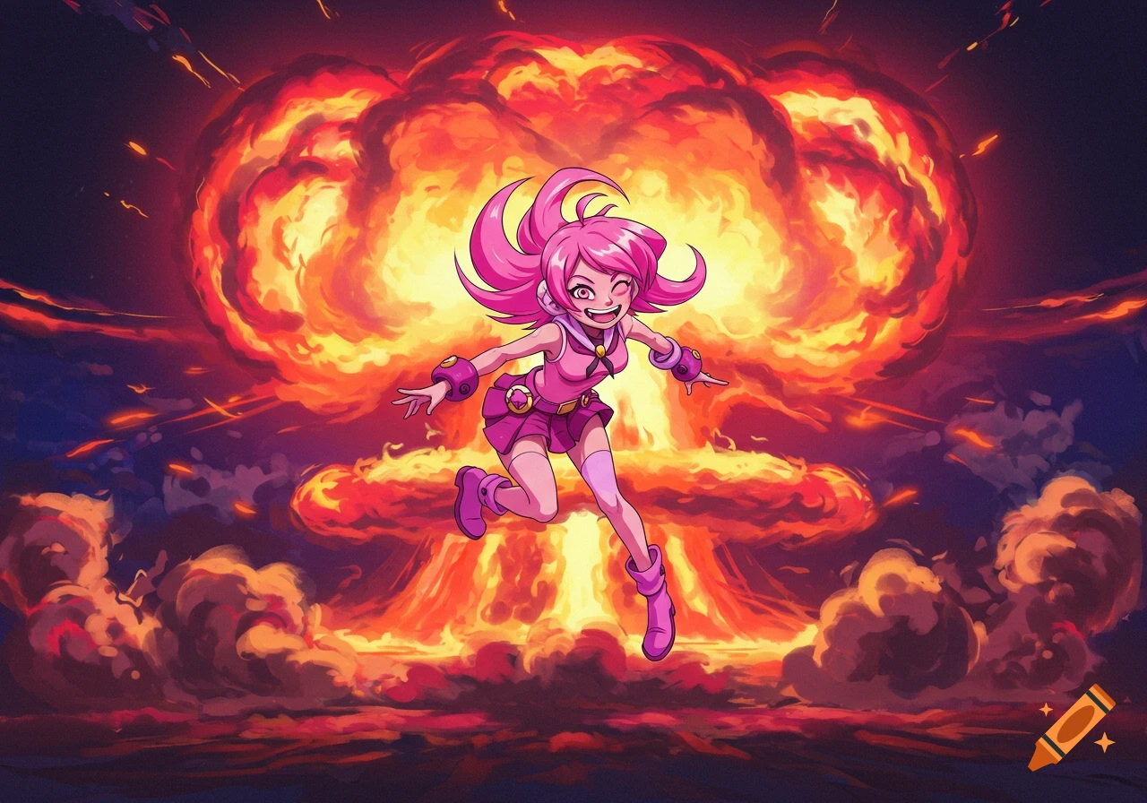 Anime character with pink hair jumps in front of a stylized mushroom cloud explosion, digital art.