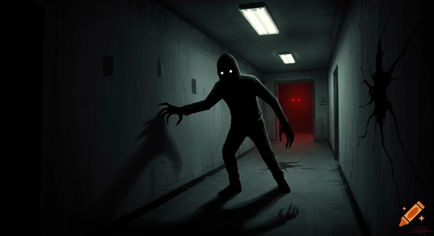 A shadowy monster with glowing eyes and sharp claws stands in a dark, creepy hallway.