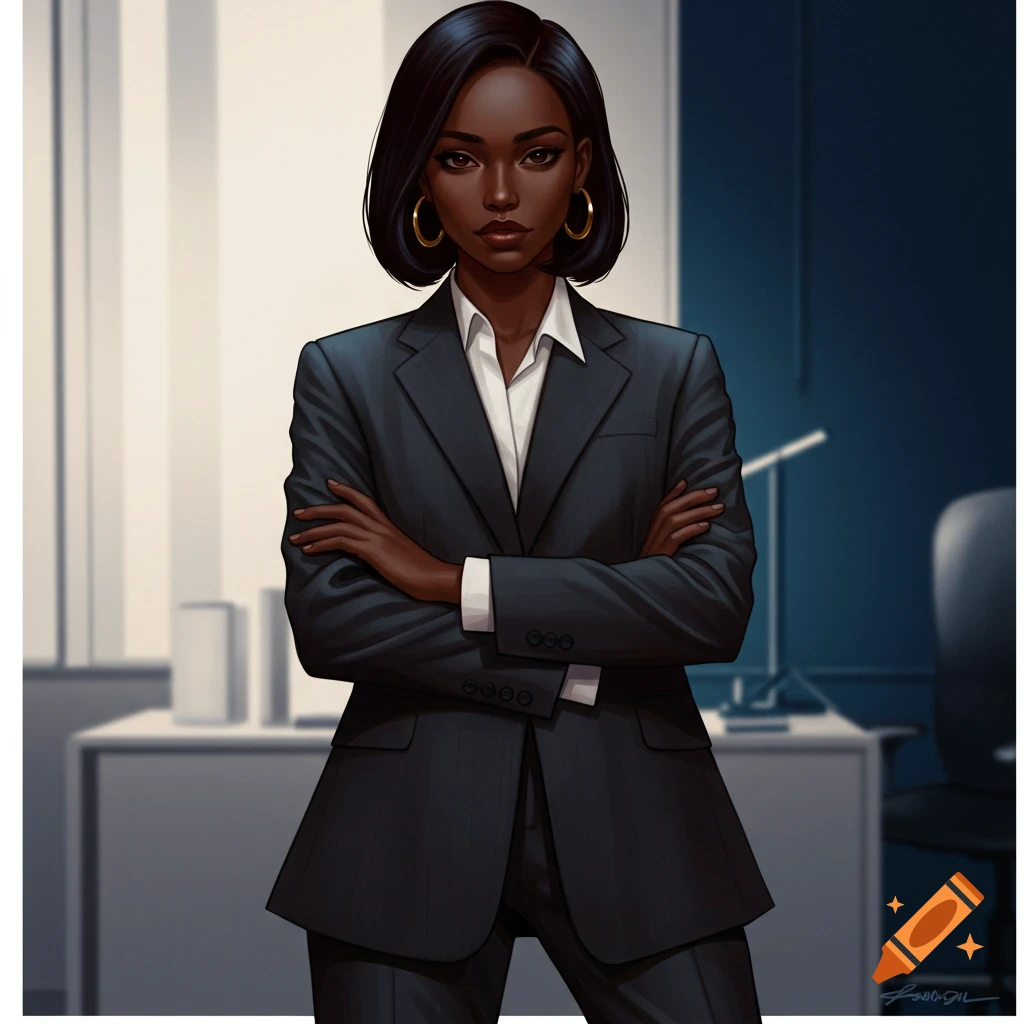 Black woman in a dark suit standing in an office with arms crossed.