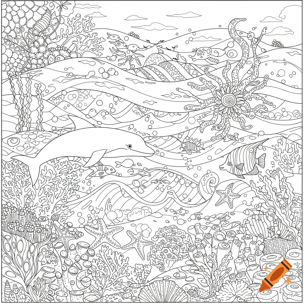 Detailed black and white outline of an underwater scene with a dolphin, fish, starfish, and coral reefs, for coloring