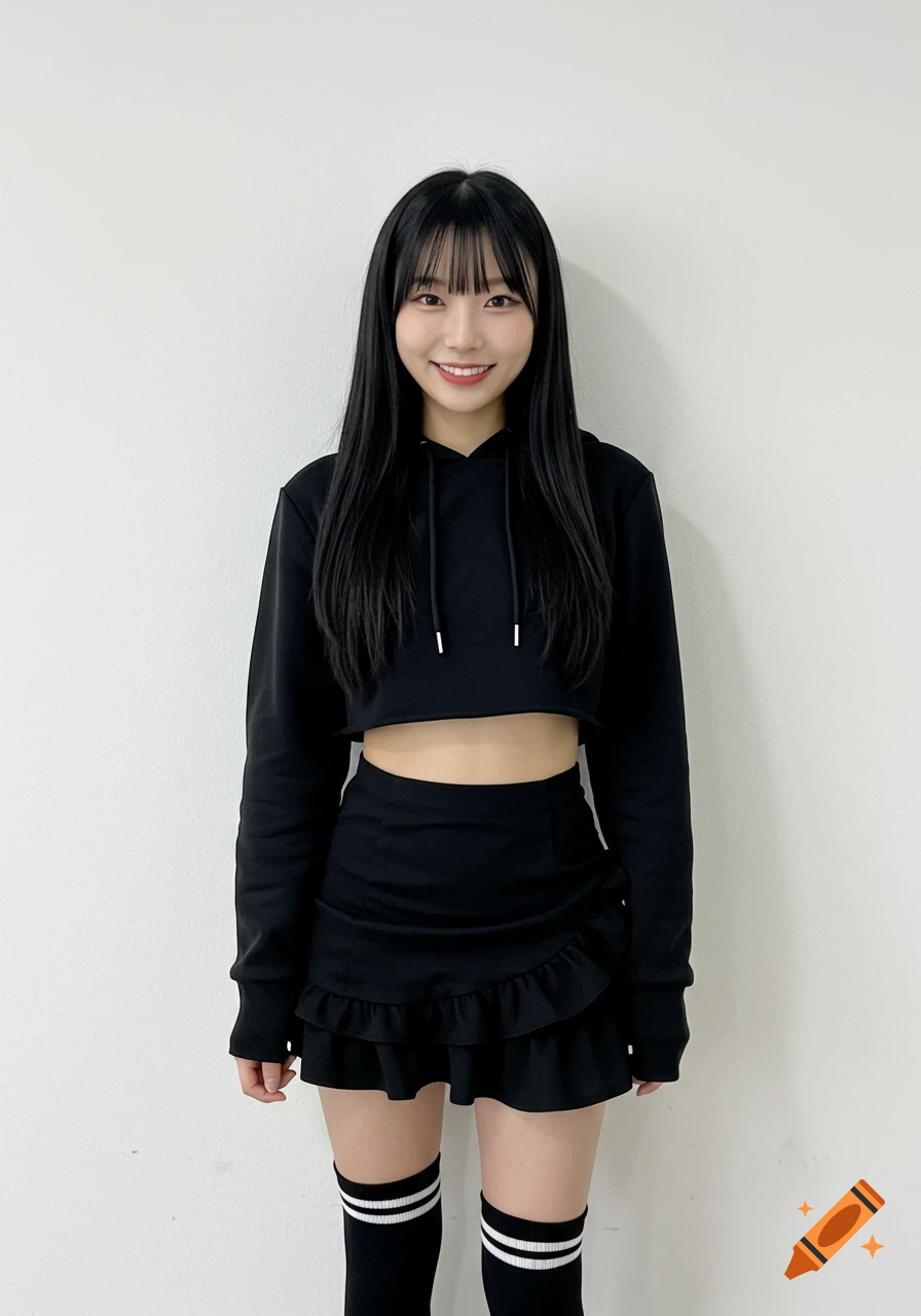 Young woman in black cropped hoodie, ruffled skirt, and striped knee socks standing against a white wall.