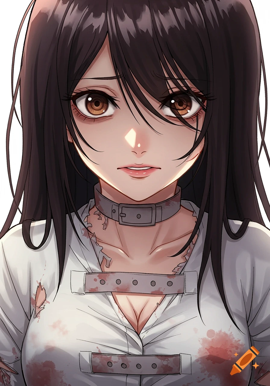 Anime style portrait of a woman with long dark hair, brown eyes, wearing a straitjacket stained with blood and a collar.