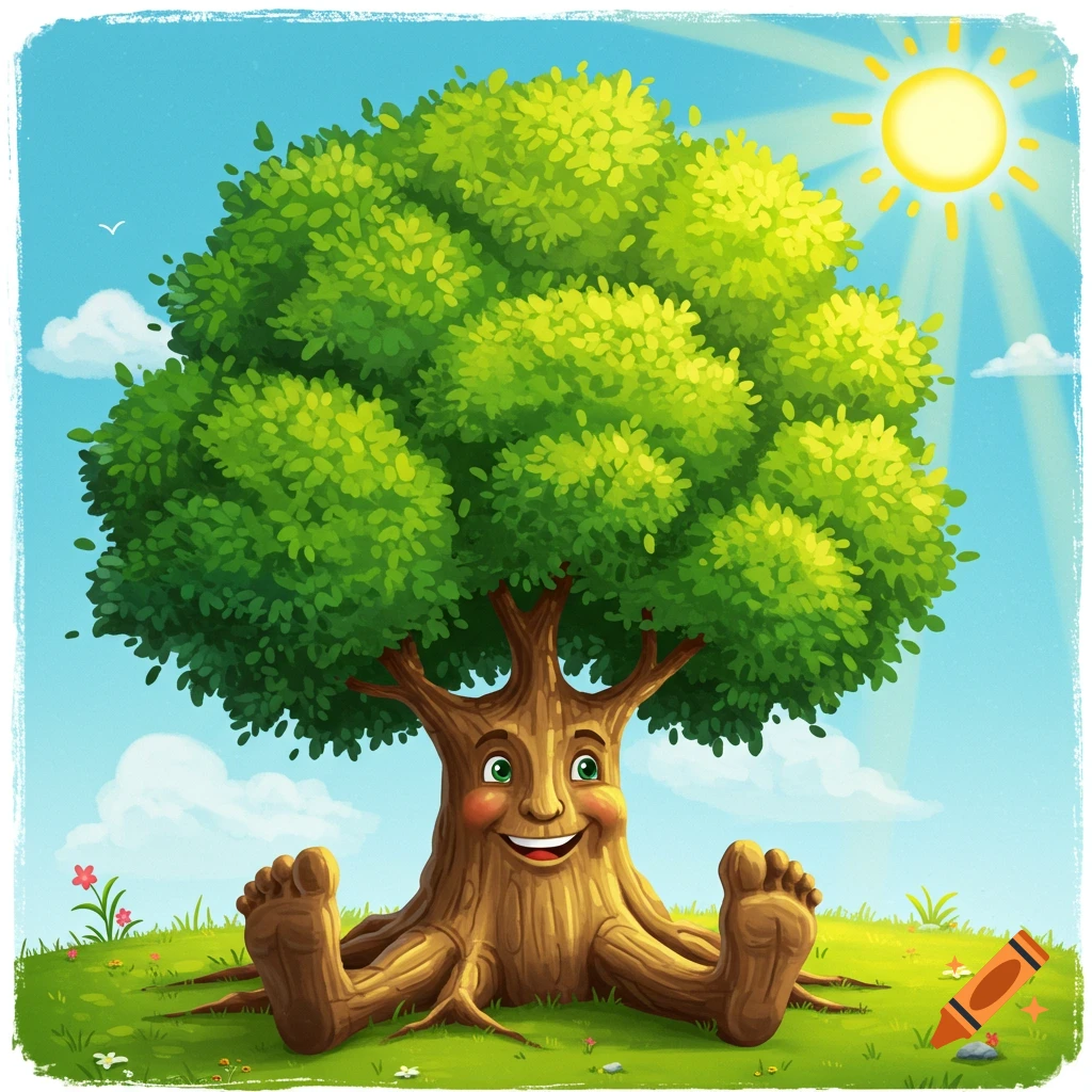 A cartoon illustration of a happy tree with a face and roots shaped like legs and feet, sitting in a grassy field under a sunny sky.