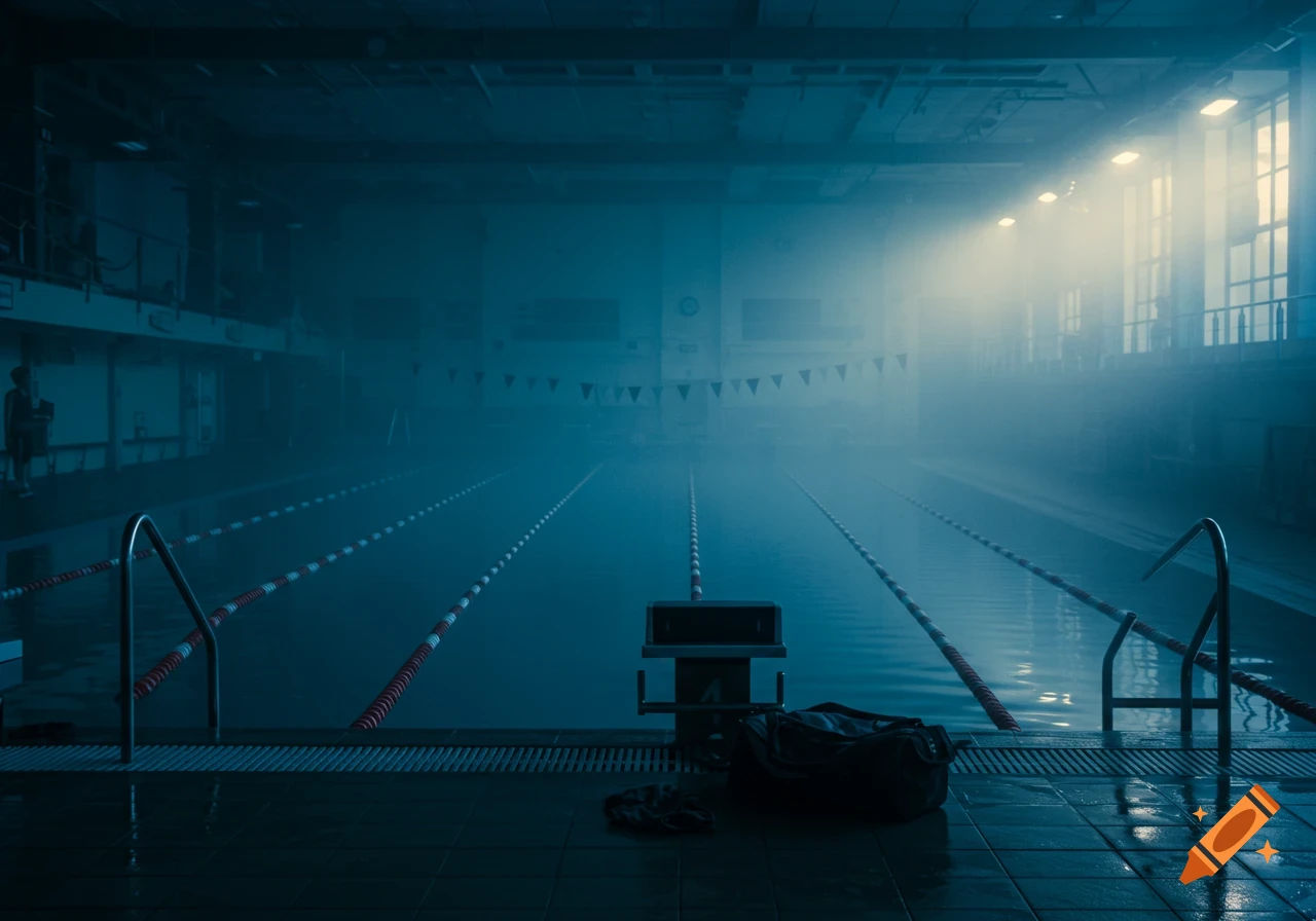 A moody, atmospheric photo of an empty indoor swimming pool with mist and light beams. A swim bag sits by the starting block.