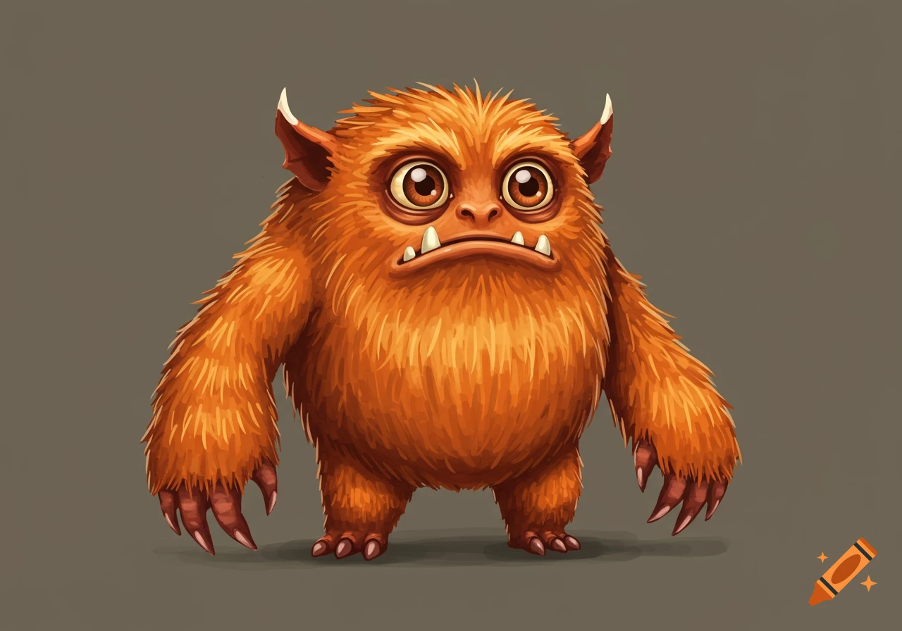 A cute, furry, orange monster with big eyes and small horns stands in a hand-drawn style.