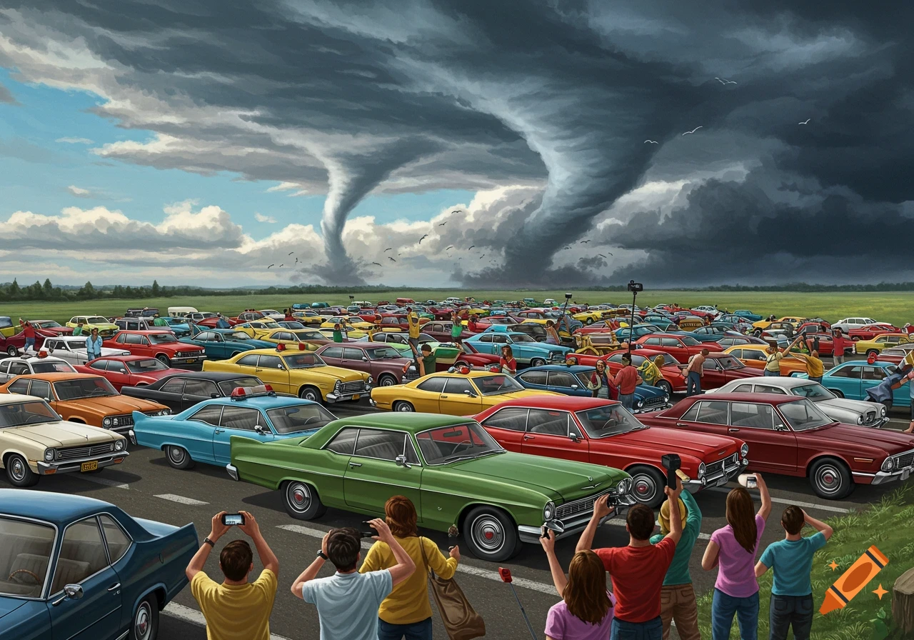 Cars and people watching two tornadoes, taking photos.