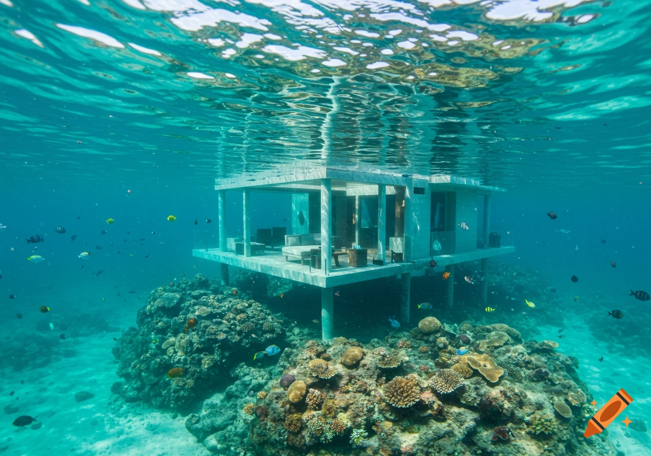 An underwater house surrounded by fish and coral reef.