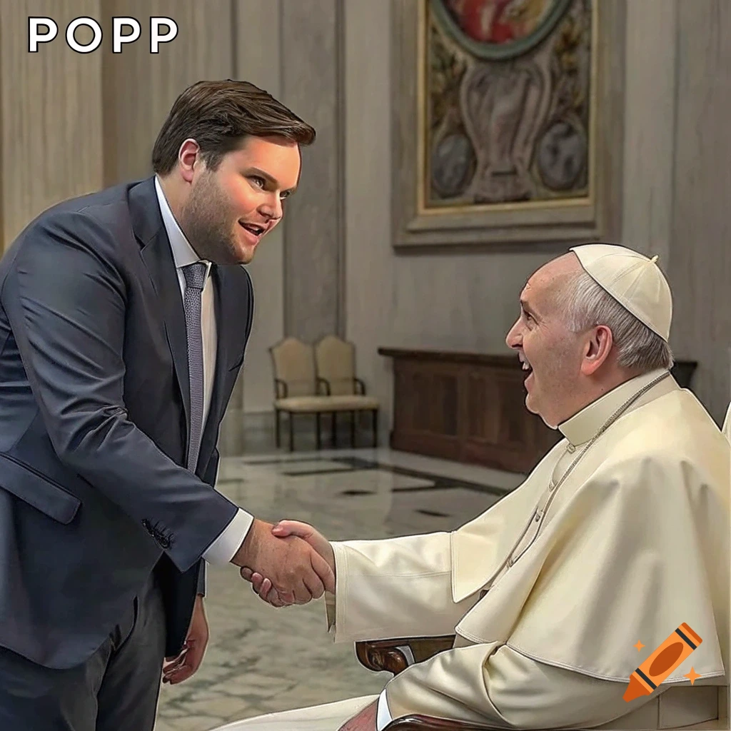 JD Vance shakes hands with Pope Francis who is seated in a room. Text 'POPP' is in the corner.