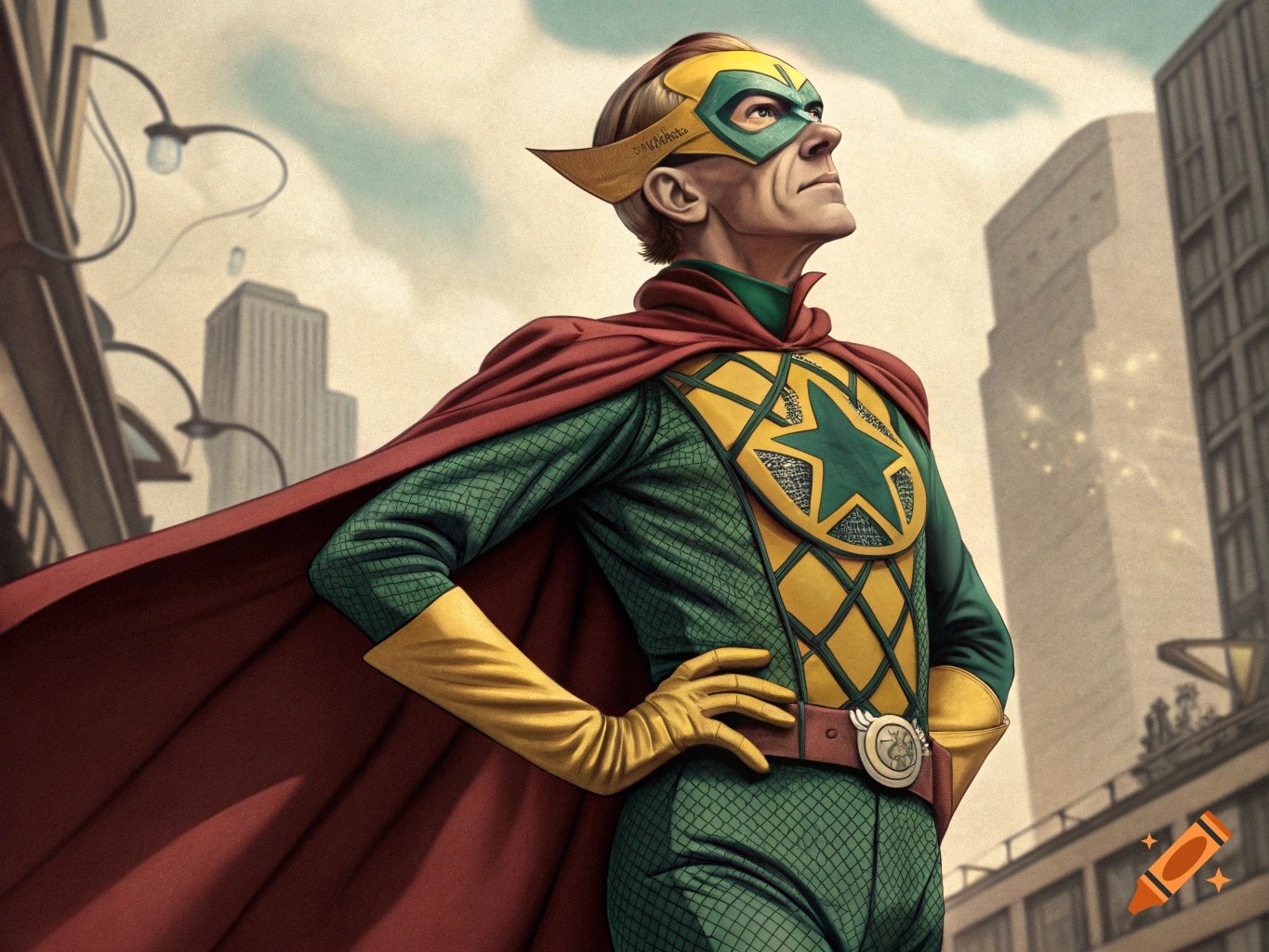A man in a green, yellow, and red superhero costume with a mask stands in a city looking up, in a comic art style.