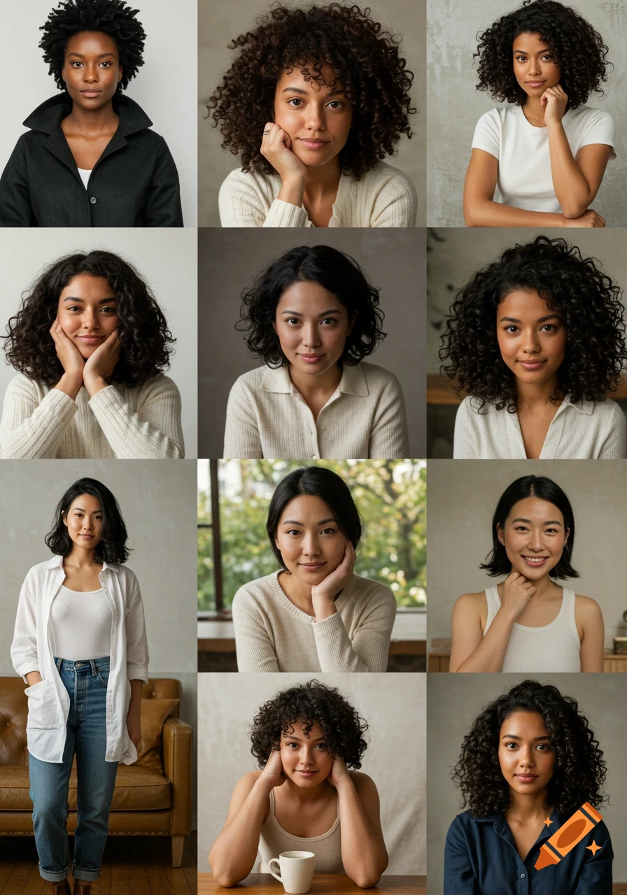 Grid of nine photorealistic portraits of diverse women
