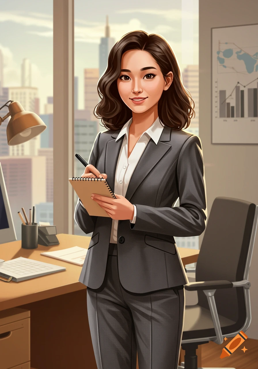 A female secretary writing in a notebook in an office.
